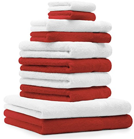 Betz 10-TLG. Handtuch-Set Premium 100% Baumwolle 2 Duschtücher 4 Handtücher 2 Gästetücher 2 Waschhandschuhe Farbe Rot & Weiß