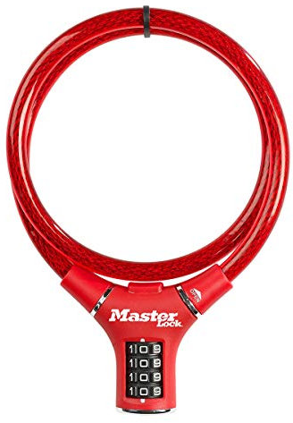 MASTER LOCK Candado Bicicleta, 90 cm Cable, Combinación, Exterior, Rojo 8229EURDPRORED, para Bicicleta, Monopatín, Paseante, Cortacésped y Otro Equipo