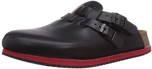 Birkenstock Clog Kay Superlauf, WB, Naturleder, schwarz/rot, schmal, Größe 42 582636-42 (Damen-Clog Sandale Sandalette Pantoffel Pantolette Latsche Halbschuh Ristriemen Clogs Clogen Schluffen)