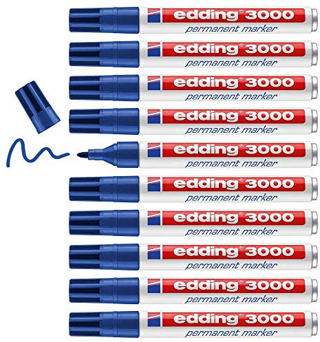edding 3000 Permanentmarker - blau - 10 Stifte - Rund-Spitze 1,5-3 mm - schnell trocknender Permanent Marker - wasserfest, wischfest - für Karton, Kunststoff, Holz, Metall - Universalmarker