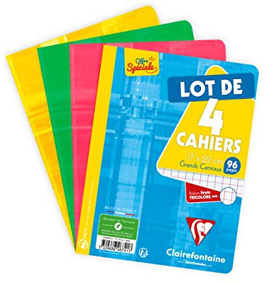 Clairefontaine 646741C Lot de 4 Cahiers Agrafés - 17x22 cm - 96 Pages Grands Carreaux - Papier Blanc 90 g - Couverture Carte Pelliculée Couleurs Aléatoires