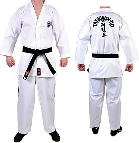 MAR | Taekwondo ITF White Uniform Suit Sparring Gear Unisex Kids & Adult Martial Arts ITF Gi Student Suit Gear Polycotton Medium Weight 8oz Fabric + FREE BELT (00/120)