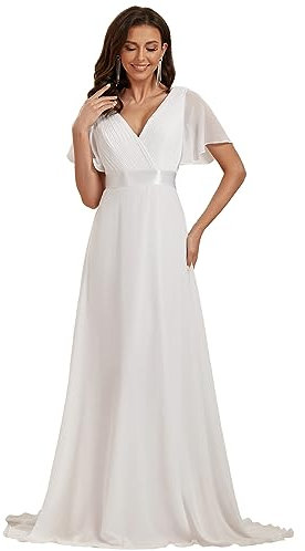 Ever-Pretty Damen Abendkleid Frau A-Linie Chiffon Brautjungfernkleid V Ausschnitt Hochzeit Bodenlang Weiß 42