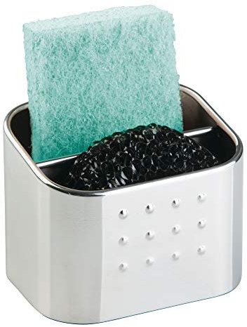 iDesign Porta spugne lavello cucina, Portaspugne con 2 scomparti, in acciaio ideale per pagliette e molto altro, argento opaco