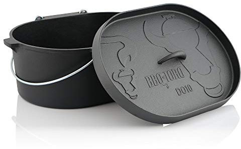 BBQ-Toro Dutch Oven 9,3 Liter | Gusseisen Kochtopf ohne Füße | bereits eingebrannt - preseasoned | 10 QT Bräter, schmortopf,großer Gusstopf | Schwarz | Feuertopf mit Deckel | Küchen Zubehör