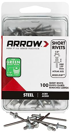 Arrow Fastener RSS1/8IP Short Steel 1/8-Inch Pop Rivets for Metal, Fabric, Leather, and Auto Repair, 100-Pack