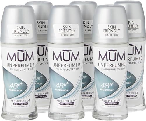Mum Unparfümiertes Deo Roll On 48 Stunden Plus Schutz, alkoholfreies Damen Herren Deodorant, Antitranspirant, vegan, nachhaltige Glasflasche, parfümfrei, 50 ml, 6 Stück