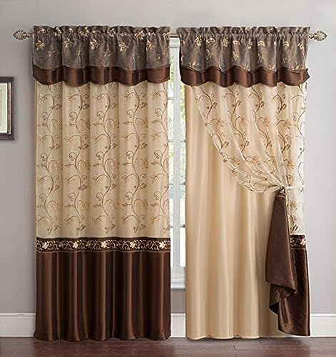 Fancy Collection Embroidery Curtain Set 1 Panel Drapes with Backing & Valance New (55x 84, Brown)