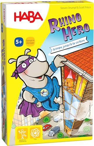 HABA Rhino Hero apilamiento en 3D, Mesa Infantil de 2 a 5 Jugadores, 5 años o más, Juego de acción para Toda la Familia, tamaño pequeño, Multicolor (302203)