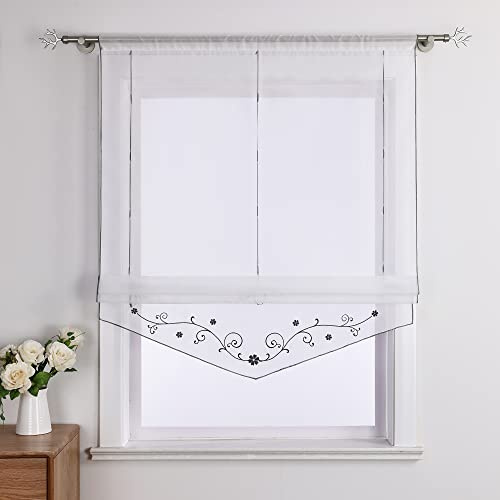 Yujiao Mao Voile Raffrollo Küche Gardine Mit Stickerei Bändchenrollo Mit Tunnelzug Transparent Raffgardine Weiß Grau BxH 120x140cm 1 Stück