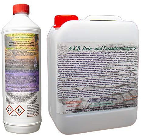 A.K.B. Steinreiniger und Fassadenreiniger S, 5L Außenreiniger bis 3000m², Artikel 3365, Flechtenentferner langfristig,Grünbelagentferner