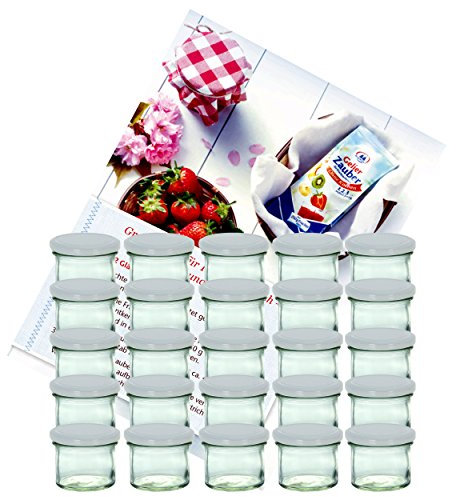 Set di 25 vasetti in vetro da 125 ml vetro, To 66, barattoli per conserve e marmellate, con coperchio bianco e quaderno di ricette