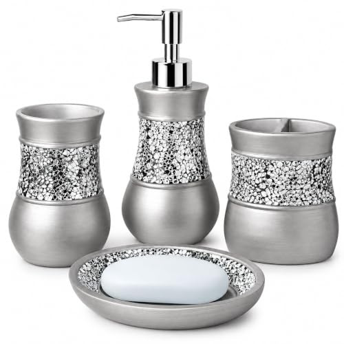 Creative Scents 4 Pc. Resin Bathroom Accessory Set | Silver Crackled Glass