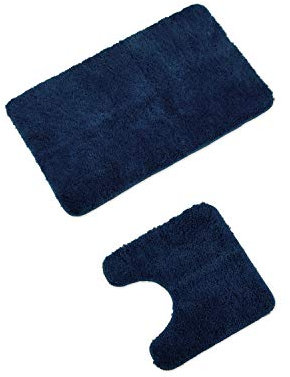 WohnDirect Badematten Set - WC Vorleger (45x45cm), Badematte (50x80cm) - rutschfest waschbar Badezimmerteppich MIT WC-Ausschnitt - Dunkelblau