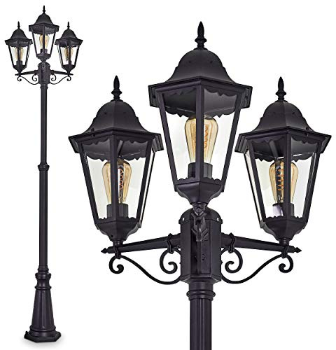 Lampada da esterno/da giardino Hongkong, candelabro in stile antico, fusione di alluminio in nero opaco, vetro, luce di percorso a 3 bracci, regolabile in altezza, retrò, E27, IP44, senza lampadina