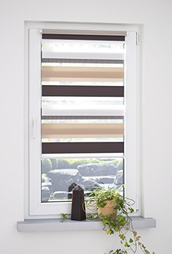 JalousieCrew Klemmfix Doppelrollo dreifarbig braun beige weiß - Breite 45 bis 120 cm, Länge 160 cm - Duo - Rollo ohne zu Bohren (120 x 160 cm)