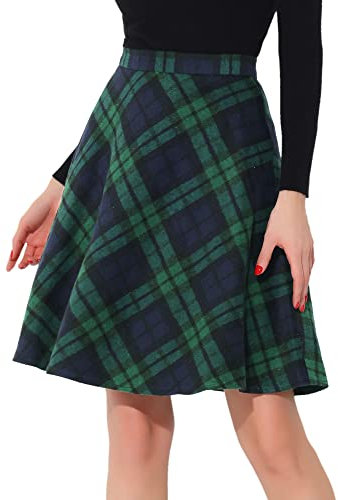 Allegra K Damen Karo Rock Festlich A-Linie Hohe Taille Kammgarn Kariert Midirock Grün S