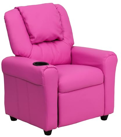 Flash Furniture Vana Vinyl Kids Recliner with Cup Holder, Headrest, and Safety Recline, Contemporary Reclining Chair for Kids, Supports up to 90 lbs., Hot Pink