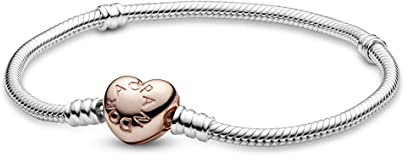 PANDORA Moments Women's 14k Rose Gold-Plated and Sterling Silver Heart Clasp Snake Chain Bracelet for Charms, Size 20, No Box