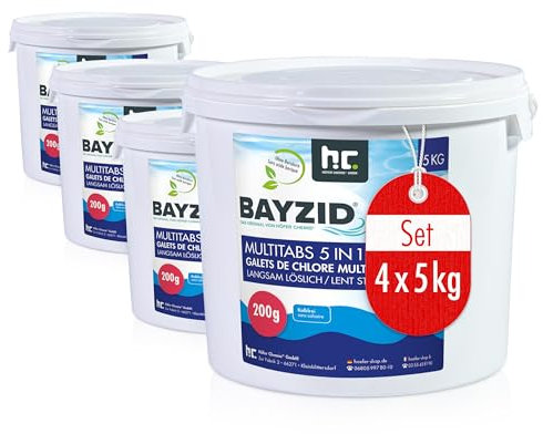 Höfer Chemie 4 x 5 kg Galets Chlore 200g Multifonction 5 en 1 pour Piscine - Entretien et Nettoyage en 5 Phases - Fabriqué en Europe - pour Une Eau Limpide