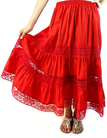 Traditional Artesenias Mexican Laced Skirts for Women, Maxi Skirts, Long Boho Skirt, Ethnic Flowy Skirt - Made in Mexico (Red)