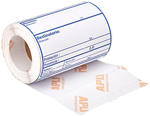APLI 324 - Rollo 200 etiquetas envio , Etiquetas adhesivas con texto preimpreso para rellenar los datos de envío, tamaño etiqueta 109 x 82 mm
