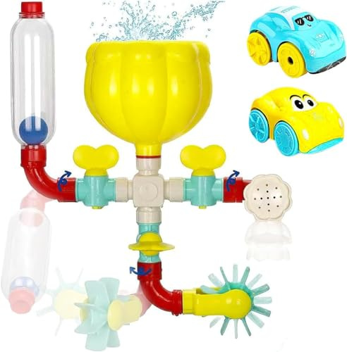 Koolbitz 13PCS Bath Toys for Toddlers - Water Pipes Shower Game with 2-in-1 Wind-Up Floating Cars, Sensory Water Play Set for Baby Boys & Girls