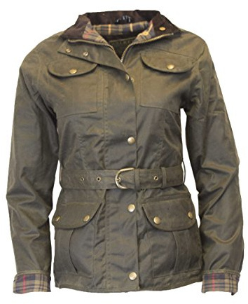 Walker & Hawkes - Veste cirée pour femme - ceinture/4 poches - olive - 36