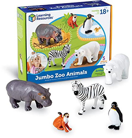 Learning Resources Jumbo Zoo Animals, Monkey, Penguin, Zebra, Polar Bear, and Hippo, Classroom Desk Pets, 5 Animals, Ages 2+