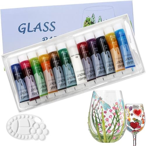Magicdo 12 Farbe Glasfarbe Glasmalfarbe Glas Farben zum Bemalen Spülmaschinenfest Wasserfest Glasfarben Weingläser Keramik Set mit Palette (12 x 12Ml)