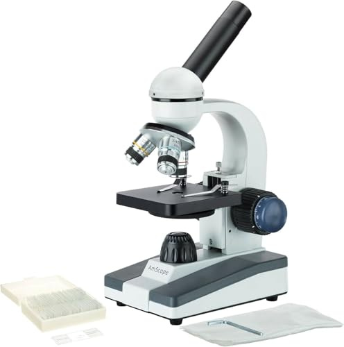 AmScope - Compound Monocular Microscope, 40X-1000X Magnification, WF10X and WF25X Eyepieces, LED Illumination, Brightfield, Single-Lens Condenser + Set of 25 Prepared Sample Slides - M150C-PS25