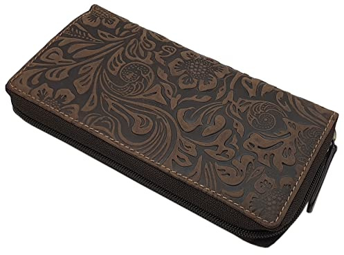 myledershop Große Vollrindleder Damen Geldbörse/Geldbeutel/Portemonnaie/Geldtasche/Portmonee rundherum mit Lianen Prägung oder ohne Prägung und RFID & NFC Schutz inkl. Nähset (Lianen Prägung/Braun)