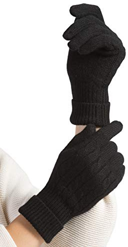 Fishers Finery Women's 100% Pure Cashmere Gloves, Cable with Extended Cuff Black