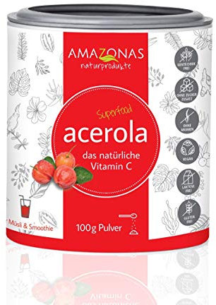 Amazonas Naturprodukte - BIO Acerola Pulver | Reichhaltiges Vitamin C der Acerola Kirsche | Vitamin C- Haushalt auffüllen | Ohne Farbstoffe und frei von Gentechnik | 100 g
