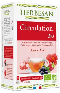 HERBESAN®- INFUSION CIRCULATION BIO - Saveur Cassis Framboise - Doux & Boisé - Sans plastique- 100% plantes - 20 sachets en papier