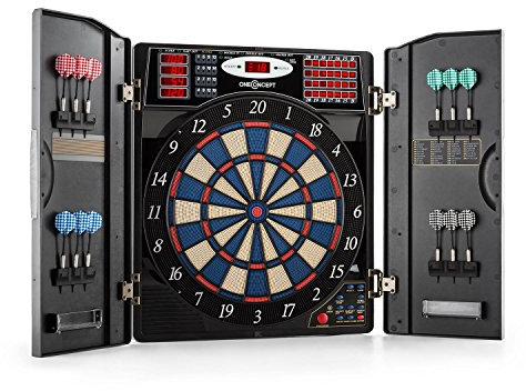 OneConcept Masterdarter - Dartautomat elektronisch, Dartboard, E-Darts, Dartautomat mit Spielcomputer, 38 Verschiedene Spiele, 211 Spielvarianten, bis zu 16 Spieler, virtueller Gegner, schwarz