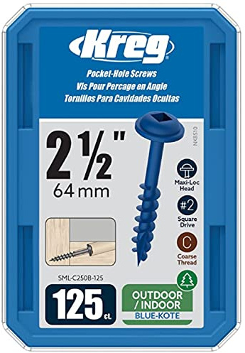 Kreg Blue-Kote Pocket-Hole Screws - SML-C250B-125 - Weather Resistant Pocket Screws - 2-1/2 Inch - Coarse Thread - Maxi-Loc Head - Outdoor - 125 Count