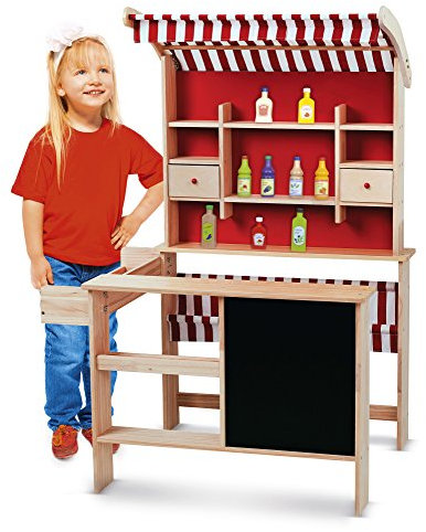 Leomark Kaufladen aus Holz - Supermarket - inklusive Kaufladenzubehör, Verkaufsstand mit Verkaufsregal, Frontablage und Tafel und Zubehör, Marktstand für Kinder, Höhe: 117 cm