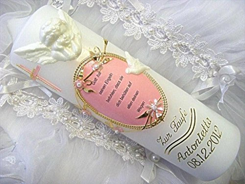 Vela de bautizo para comunión de niño y niña, 250/70 mm, con texto en alemán VT-23, incluye accesorios para escribir usted mismo