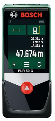 Bosch Home and Garden Laser Entfernungsmesser PLR 50 C (Messbereich: 0,05 – 50 m, Touchscreen-Display, in Kartonschachtel), 0603672200, Schwarz/Grün, Hasta 50m (en blíster)