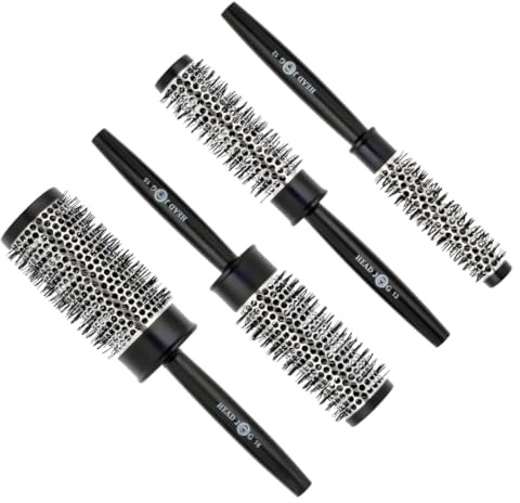 Head Jog Heat Retainer Round Hair Brush Set (4 Pack) Black & Silver | for Fast Blow Drying, Styling & Volume. Vented Round Hairbrush for Curling, Straightening & Smooth Blowouts