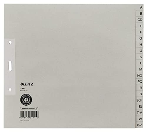 Leitz Register, 20 Trennblätter, Taben mit alphabetischem Aufdruck A-Z, 5 Stück, Grau, 100% recyceltes Papier, Blauer Engel Siegel, 12003085