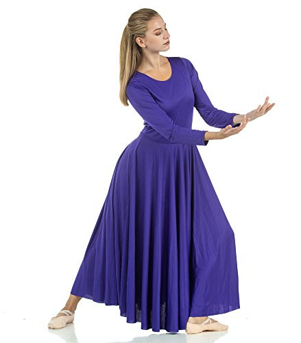 Danzcue Womens Praise Loose Fit Full Length Long Sleeve Dance Dress, Deep Purple, Large