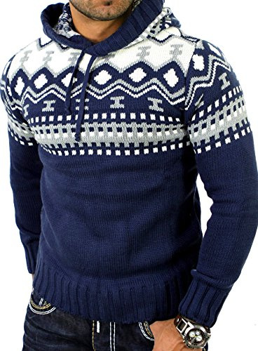 Reslad Norwegian Pullover Hoodie | Knitted Men's Winter Pullover for men; 3013 - Blue - Medium