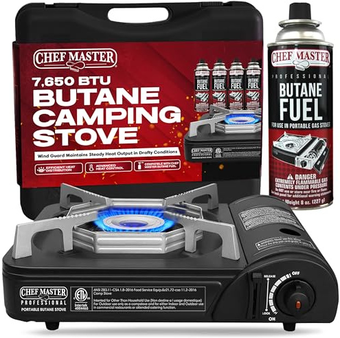 Chef Master Portable Butane Camping Stove, Piezo Ignition 7,650 BTU Output, Wind-Guard Portable Stove Burner with Portable Carrying Case for Emergencies, Road Trips, Hiking, Camping Essentials 90027
