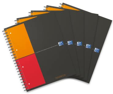 Oxford Filingbook International 5-pack Collegeblock A4 rutig med 100 ark och extra starkt kartonglock samt 3 fällbara register och dokumentfack, i grått
