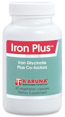 Karuna Iron Plus | 60 Vegetarian Capsules | Iron (glycinate) 29mg, Vitamin A, B12, C, folic Acid, Copper, Manganese, Betaine HCI 100mg