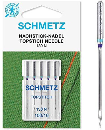 SCHMETZ | 5 Nähmaschinennadeln | Nachstick (Topstitch) | 130/705 H-N | Nadeldicke 100/16 | auf jeder gängigen Haushaltsnähmaschine und Haushaltsstickmaschinen einsetzbar