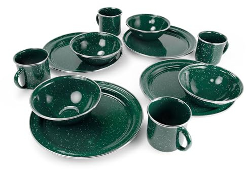 GSI Outdoors Pioneer Enamel 12 Pieces (4-Person) Dish Set I Enamelware Dishes Including Plates, Bowls and Mugs for Camping, Outdoors, RV, Camp, Green