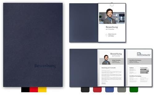 5 Stück 3-teilige Bewerbungsmappen BL-exclusivdruck® OPTIMA in Marineblau - Premium-Qualität mit edler Relief-Prägung 'Bewerbung' - Produkt-Design von 'Mario Lemani'